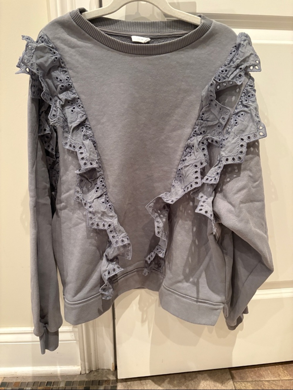 Zara Light Gray Eyelet Ruffle Sweatshirt